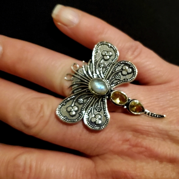 New Rainbow Moonstone & Citrine 925 Silver Dragonfly Ring. - Picture 3 of 12